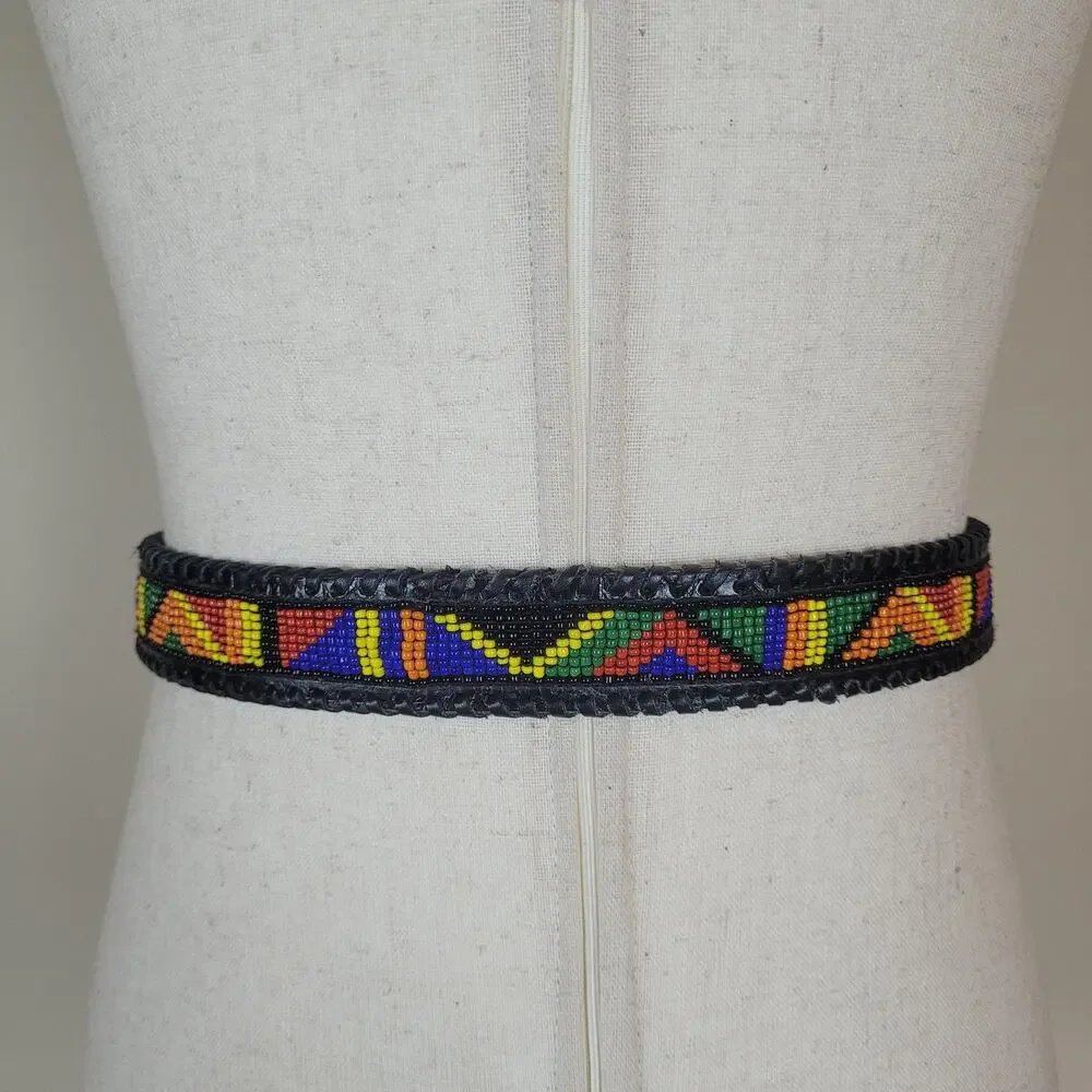 Gammon Shire Belt Med Black‎ Leather Multicolor Beaded Western Boho Southwestern